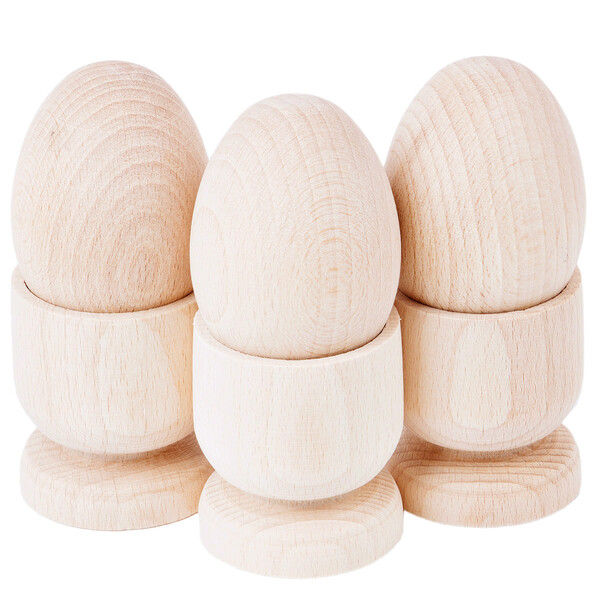 Holzeier 3 Stck mit Holz-Eierbecher hlzerne Eier im Becher Decoupage